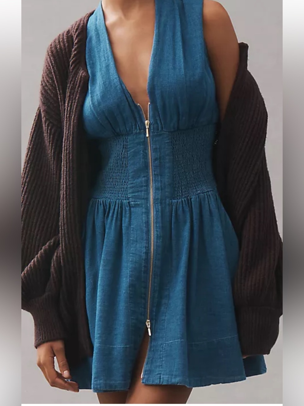 Anthro The Tommie Cap-Sleeve Smocked Front-Zip Shirt Dress: Mini Denim, L - Picture 2 of 3